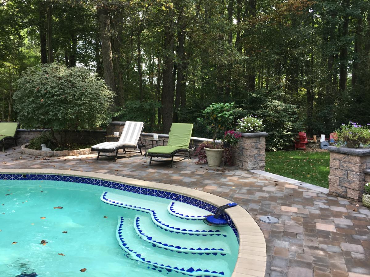 A pool with chairs and trees in the background