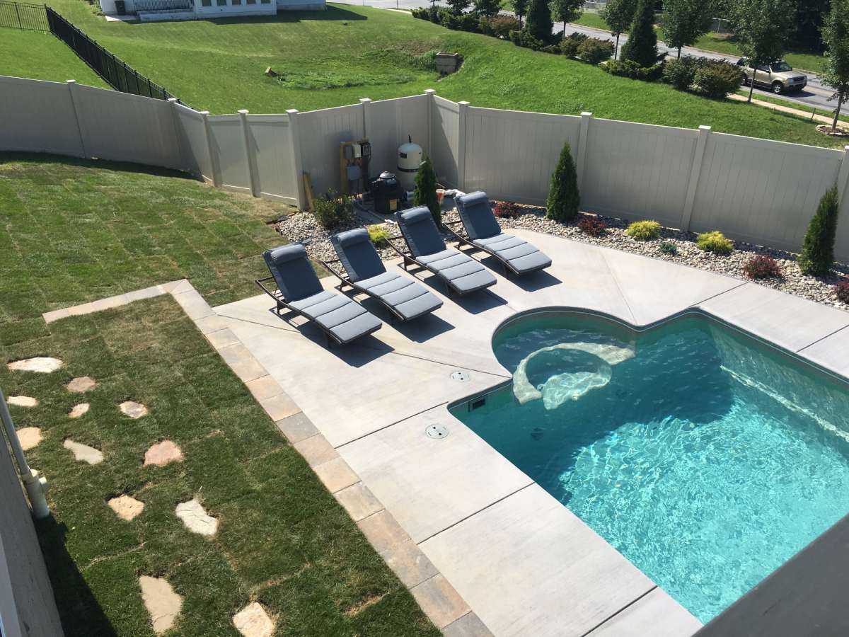 A view of an outdoor pool from above.